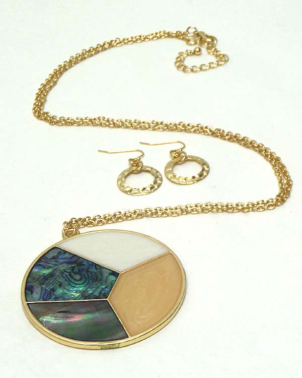 ABALONE FINISH SECTIONAL DISK PENDANT LONG CHAIN NECKLACE EARRING SET