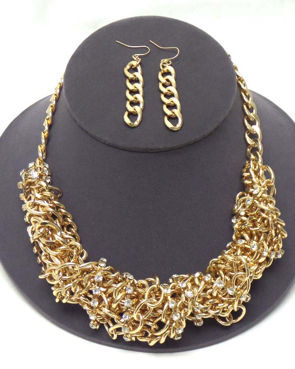 RHINESTONE AND MULTI CHAIN TWIST AND THICK CHAIN NECKLACE EARRING SET