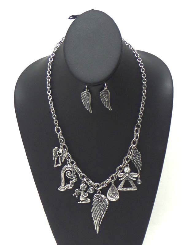 CRYSTAL DECO MULTI ANGEL THEME CHARM DROP NECKLACE EARRING SET