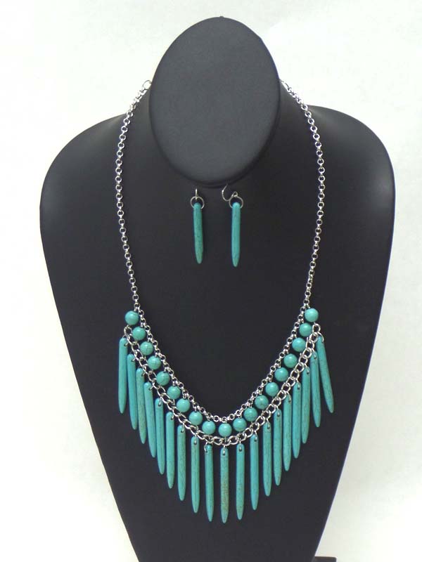 MULTI TURQUOISE BALL AND ARROWHEAD DROP TRIBAL NECKLACE EARRING SET