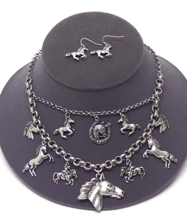 MULTI HORSE THEME CHARM DANGLE ON DOUBLE LAYER NECKLACE EARRING SET