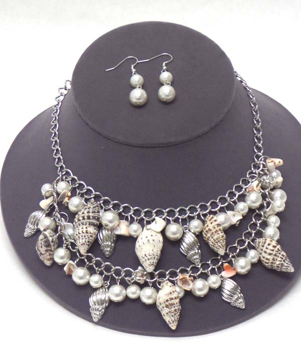 MULTI NATURAL SEALIFE CHARM DOUBLE  LAYER NECKLACE EARRING SET