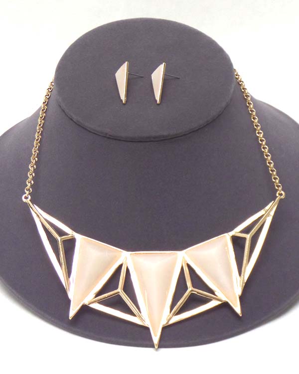 TRIPLE TRIANGULAR STONE AND METAL ART NECKLACE EARRING SET