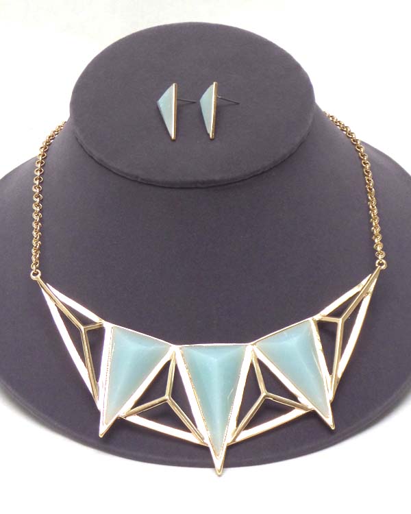 TRIPLE TRIANGULAR STONE AND METAL ART NECKLACE EARRING SET