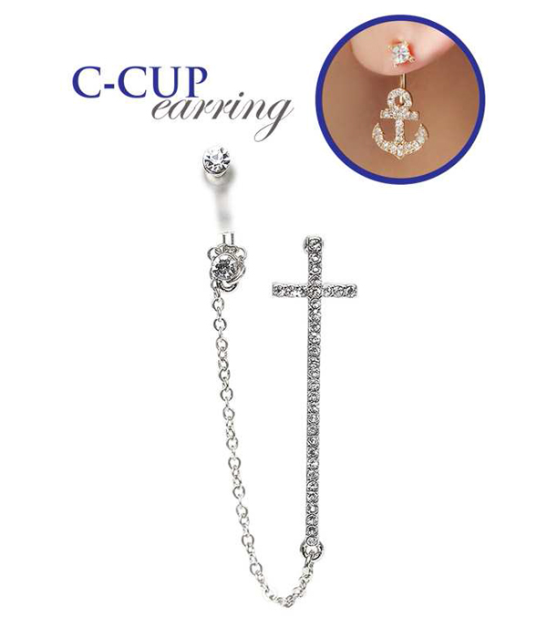 CRYSTAL CROSS CHAIN LINK C CUP EARRING