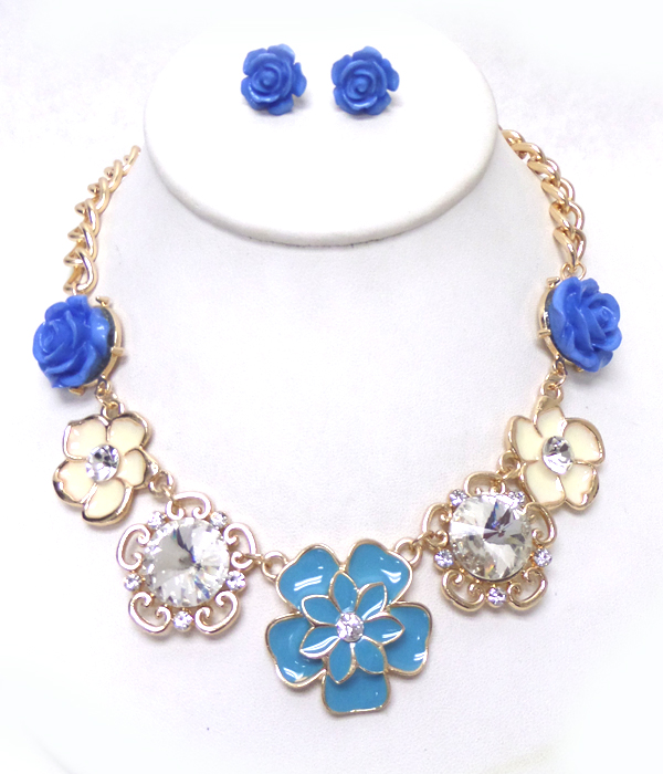 CRYSTAL AND EPOXY FLOWER LINK NECKLACE SET