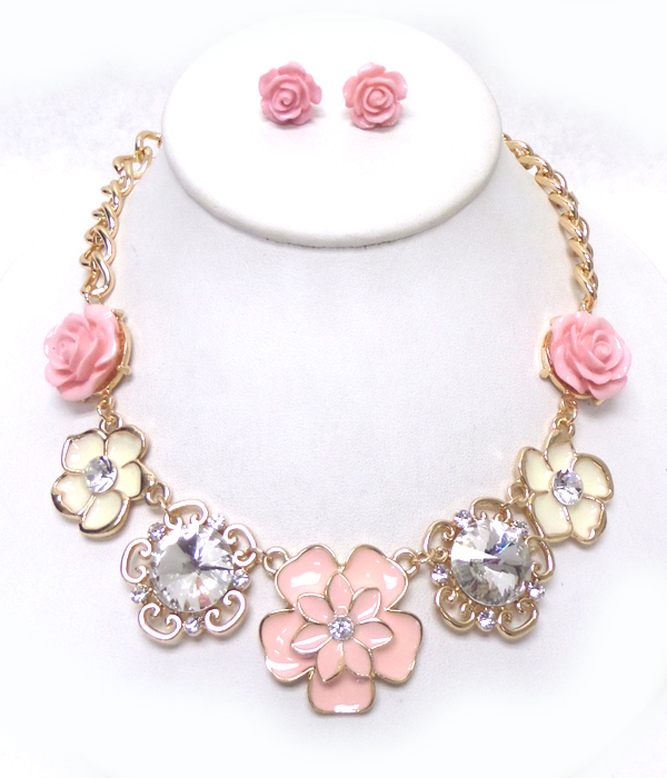 CRYSTAL AND EPOXY FLOWER LINK NECKLACE SET