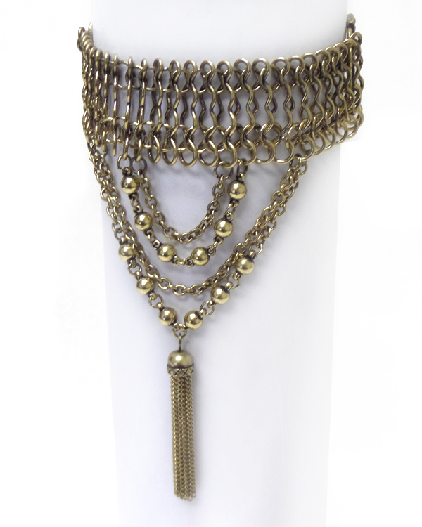 MULTI CHAIN AND TASSEL DROP AND LEATHERETTE CORD BACK ARM CUFF