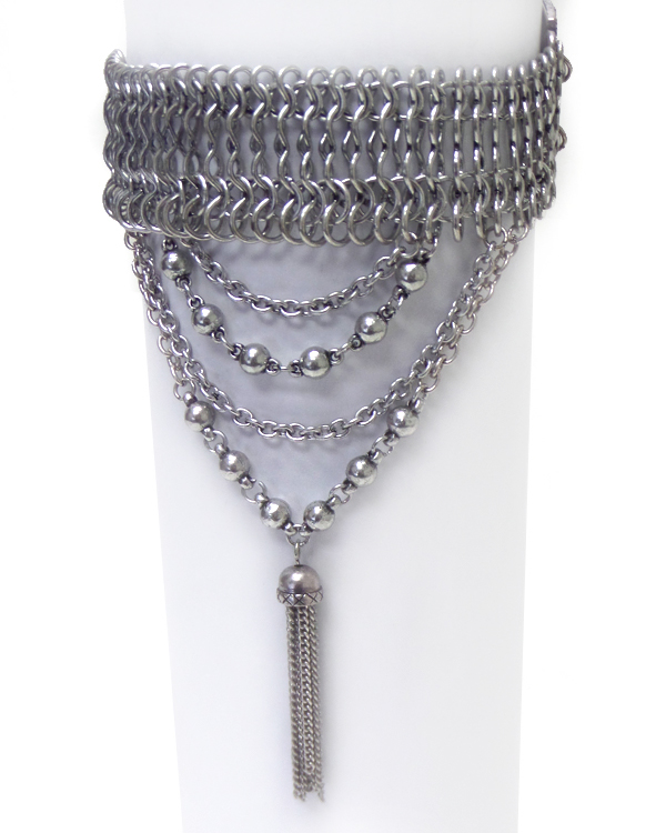 MULTI CHAIN AND TASSEL DROP AND LEATHERETTE CORD BACK ARM CUFF