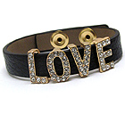 CRYSTAL LOVE THEME AND LEATHERETTE BAND BUTTON BRACELET