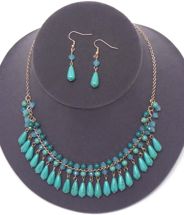 MULTI TURQUOISE AND GLASS BEAD DROP NECKLACE EARRING SET