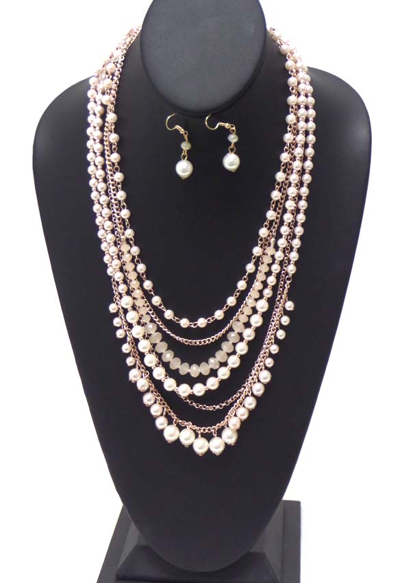 MULTI LAYERED PEARL AND GLASS BEAD CHAIN NECKLACE EARRING SET
