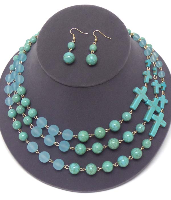 THREE LAYERED TURQUOISE CROSS AND BALL MIX NECKLACE EARRING SET