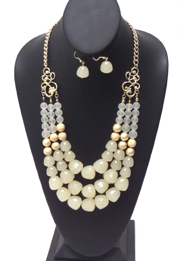 THREE LAYERED FAUX STONE MIX AND METAL FILIGREE SIDE ACCENT NECKLACE EARRING SET