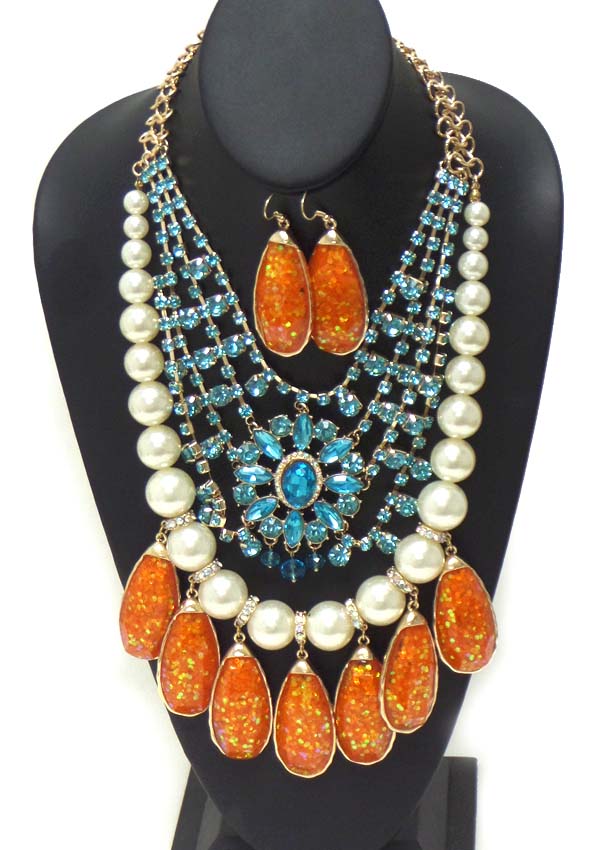 BOUTIQUE LUXURY PEARL AND CRYTAL STATEMENT NECKLACE EARRING SET