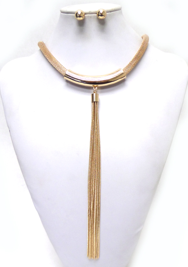 METAL MESH AND LONG FINE CHAIN DROP NECKLACE SET