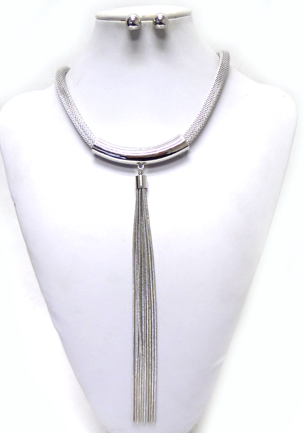 METAL MESH AND LONG FINE CHAIN DROP NECKLACE SET