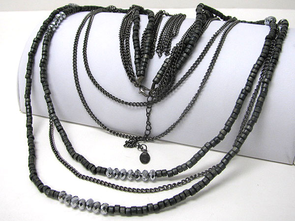 SEED BEAD AND METAL CHAIN MIX LONG NECKLACE EARRING SET