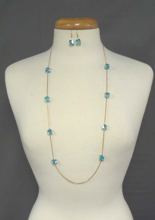 GLASS CUBE LINK LONG STATION NECKLACE EARRING SET