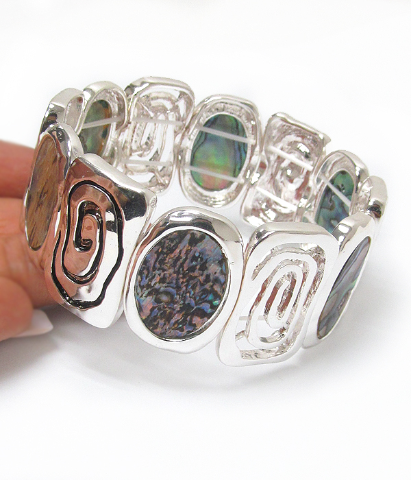 ABALONE AND TEXTURED METAL STRETCH BRACELET