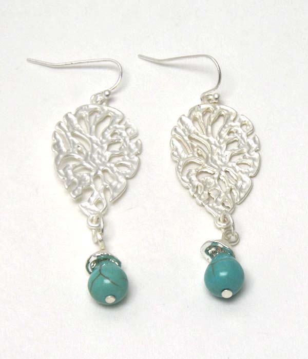 HAMMERED METAL FILIGREE AND TURQUOISE DROP EARRING