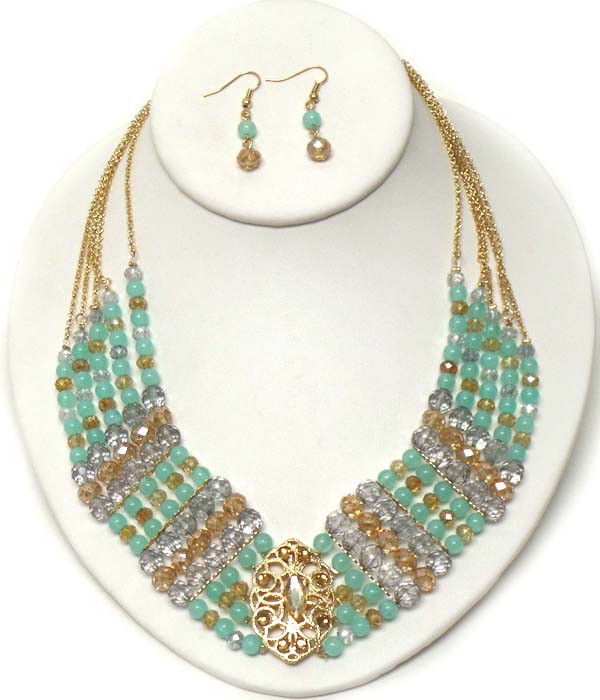 METAL FILIGREE AND CRYSTAL ACCENT AND BEAD ON MULTI LAYERED CHAIN NECKLACE EARRING SET