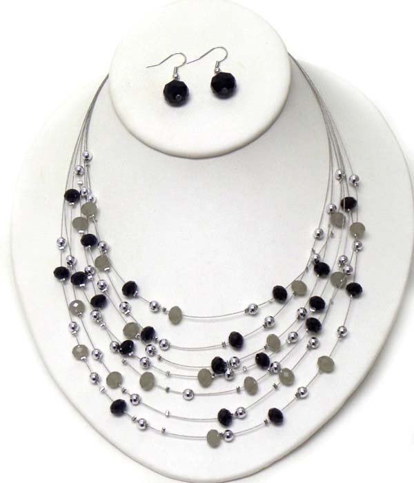 FACET STONE AND METAL BALL MIX ON MULTI WIRE ILLUTION NECKLACE EARRING SET