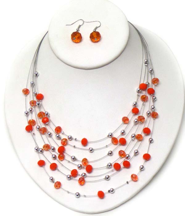 FACET STONE AND METAL BALL MIX ON MULTI WIRE ILLUTION NECKLACE EARRING SET