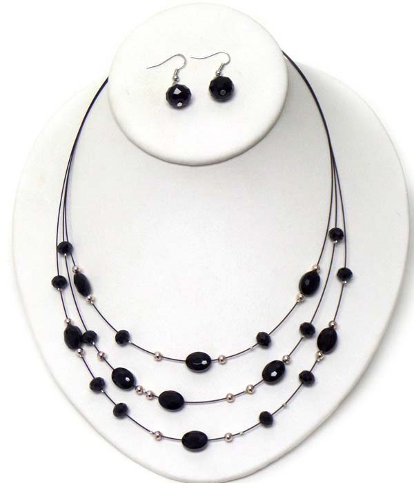 MULTI FACET STONE ON TRIPLE LAYERED WIRE ILLUSION NECKLACE EARRING SET