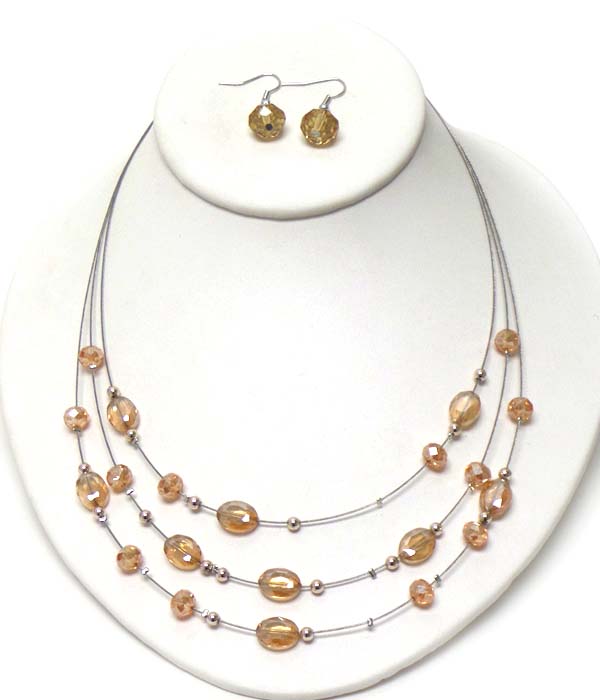 MULTI FACET STONE ON TRIPLE LAYERED WIRE ILLUSION NECKLACE EARRING SET