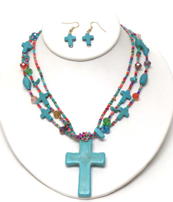 TURQUOISE CROSS AND SEED BEAD THREE LAYER NECKLACE EARRING SET
