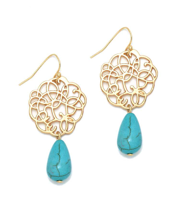 METAL FILIGREE AND TURQUOISE DROP EARRING