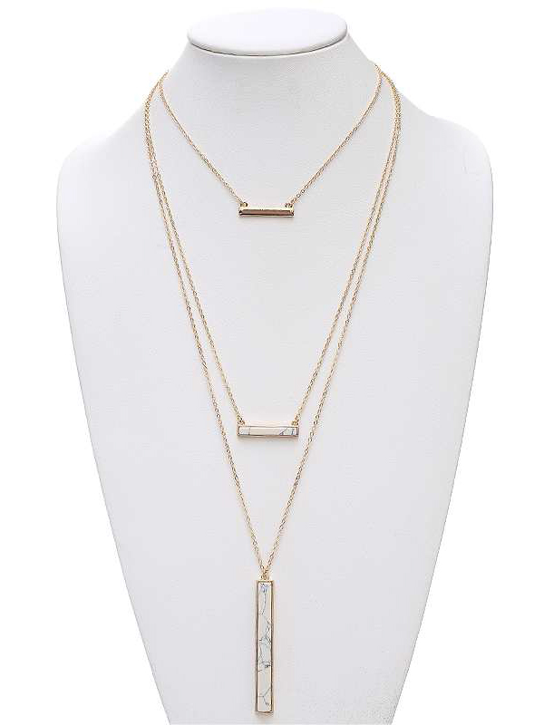 SIMPLE STICK STONE AND METAL BAR TRIPLE LAYER NECKLACE