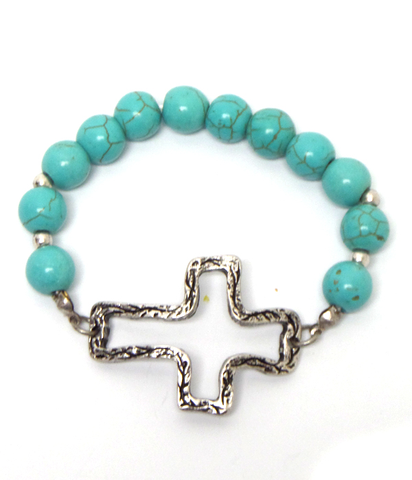 HANDMADE CROSS AND TURQUOISE STRETCH BRACELET