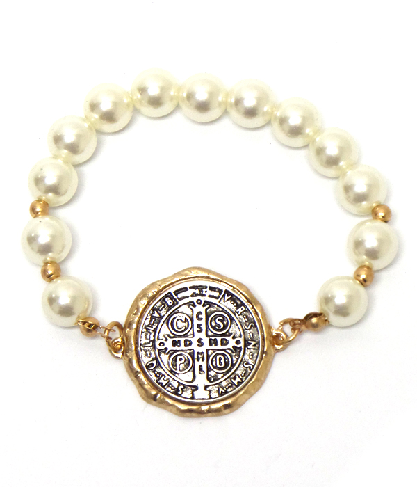 HANDMADE BENEDICT MEDAL AND PEARL STRETCH BRACELET