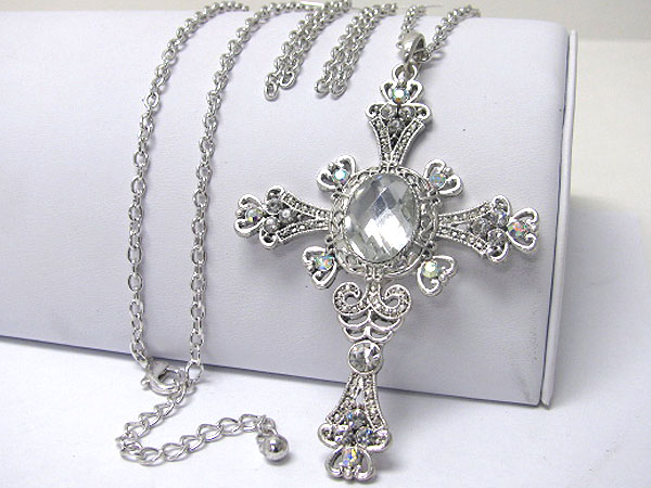 CRYSTAL AND GLASS DECO LARGE METAL CROSS PENDANT LONG NECKLACE EARRING SET