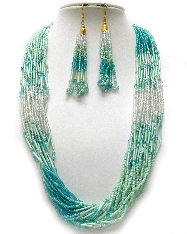 MULTI SEED BEAD AND LAYERED CHAIN NECKLACE EARRING SET