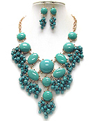 MULTI SHAPE ACRYLIC STONE AND BEAD DROP BUBBLE NECKLACE EARRING SET