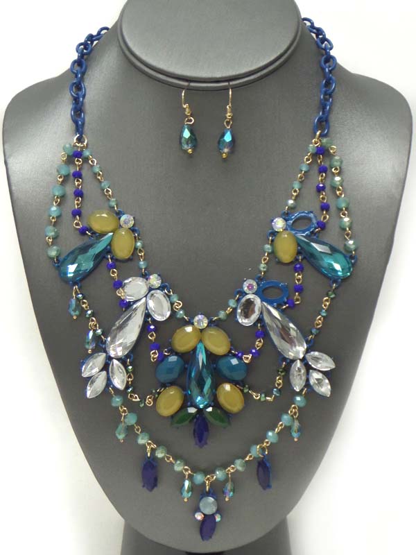MULTI CRYSTAL FLOWER AND BEAD CHAIN DROP LINK STATEMENT NECKLACE EARRING SET