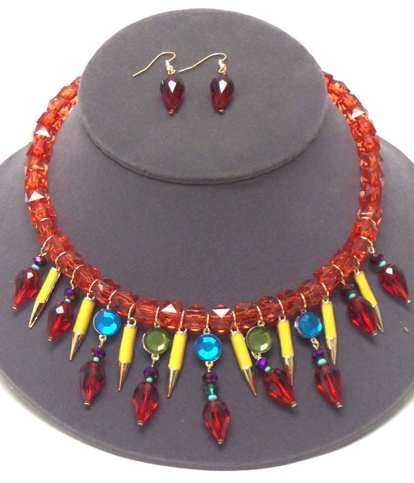 MULTI ACRYLIC SPIKE DROP AND BEAD CHAIN NECKLACE EARRING SET
