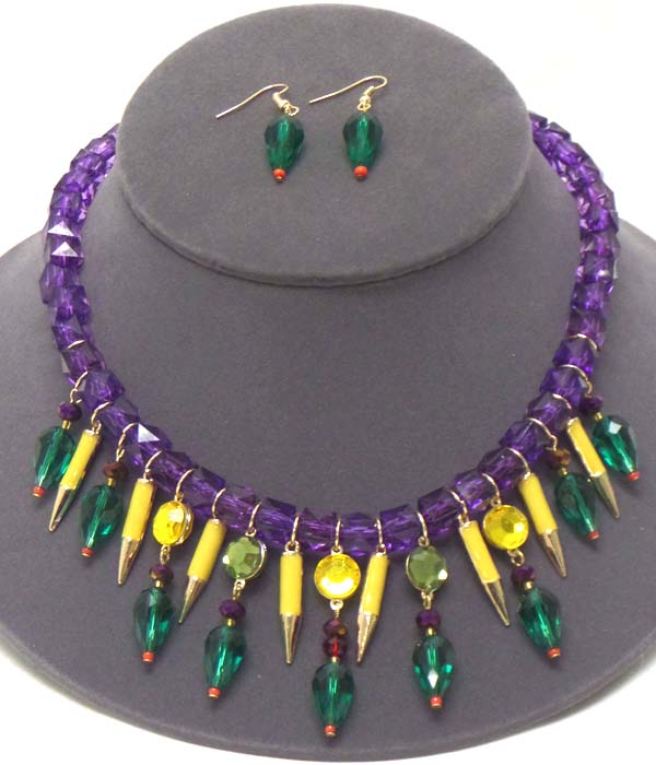 MULTI ACRYLIC SPIKE DROP AND BEAD CHAIN NECKLACE EARRING SET