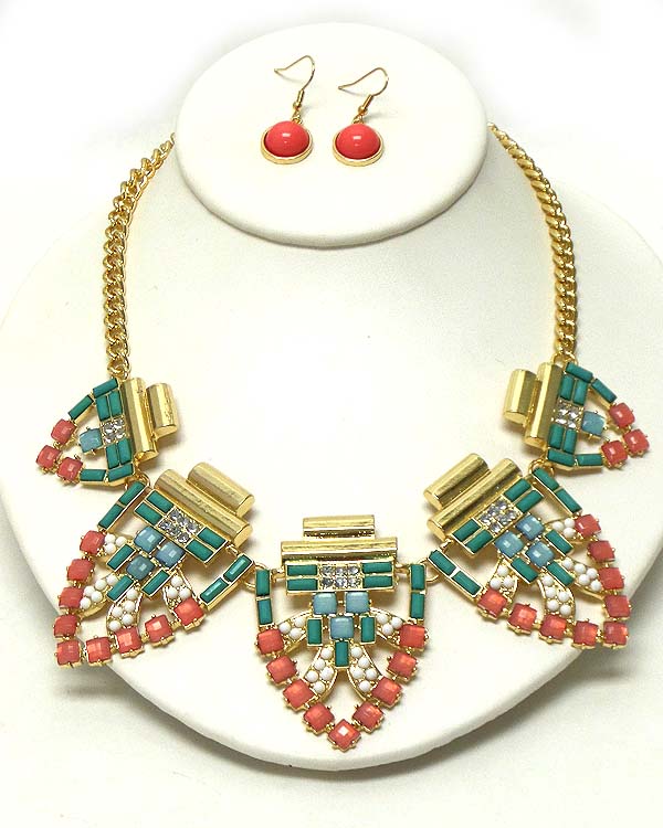 CRYSTAL AND ACRYLIC STONE MIX DECO COCKTAIL NECKLACE EARRING SET