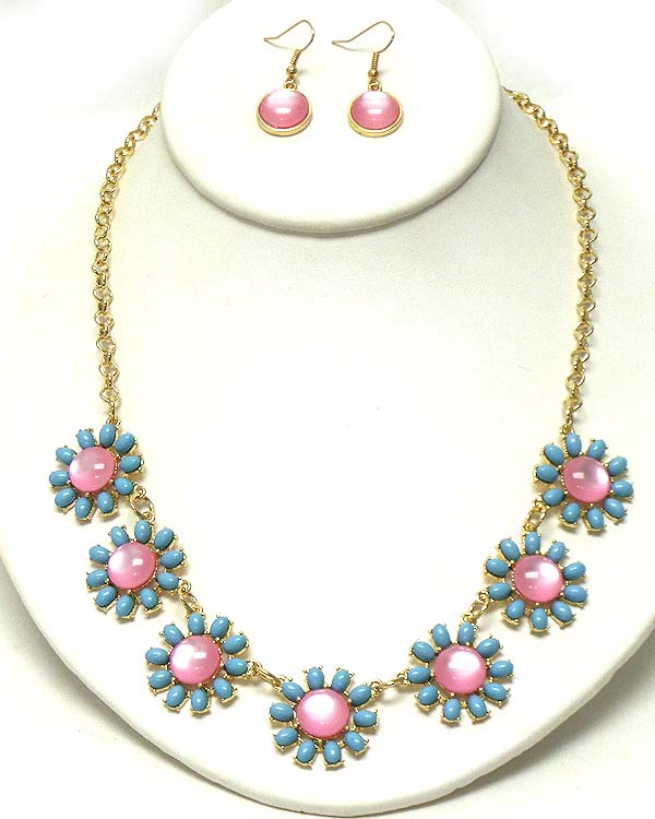 PUFFY ACRYLIC FLOWER LINK COCKTAIL NECKLACE EARRING SET