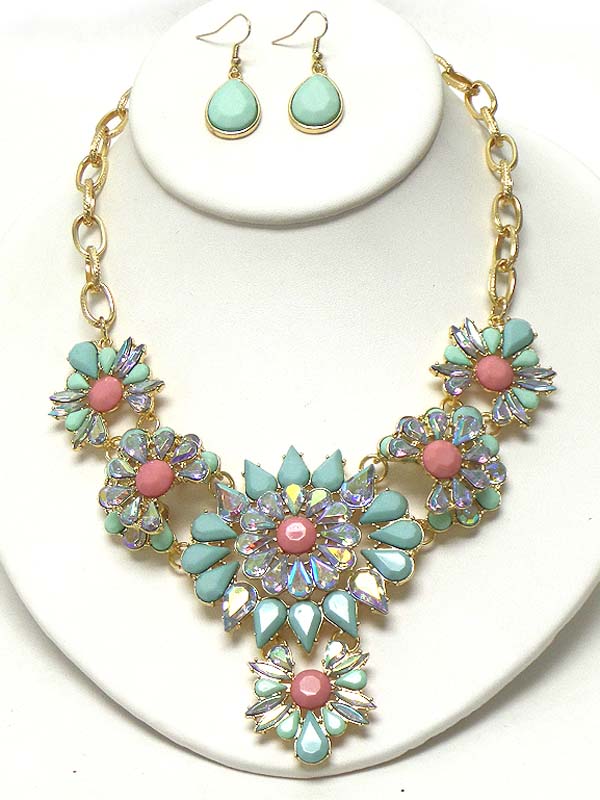 MULTI CRYSTAL AND ACRYLIC STONE MIX FLOWER LINK COCKTAIL NECKLACE EARRING SET