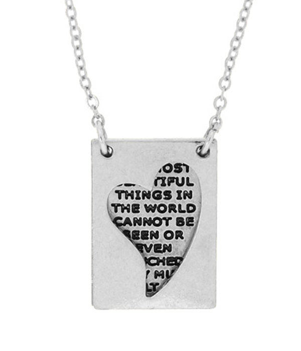 HEART AND MESSAGE CUTOUT DOUBLE LAYER PENDANT NECKLACE - THE BEST AND THE MOST BEAUTIFUL THINGS IN THE WORLD MUST BE FELT WITH THE HEART
