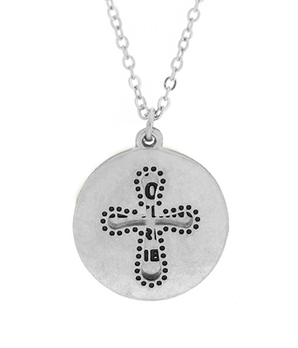 CROSS AND MESSAGE CUTOUT DOUBLE LAYER PENDANT NECKLACE - WITH GOD ALL THINGS ARE POSSIBLE