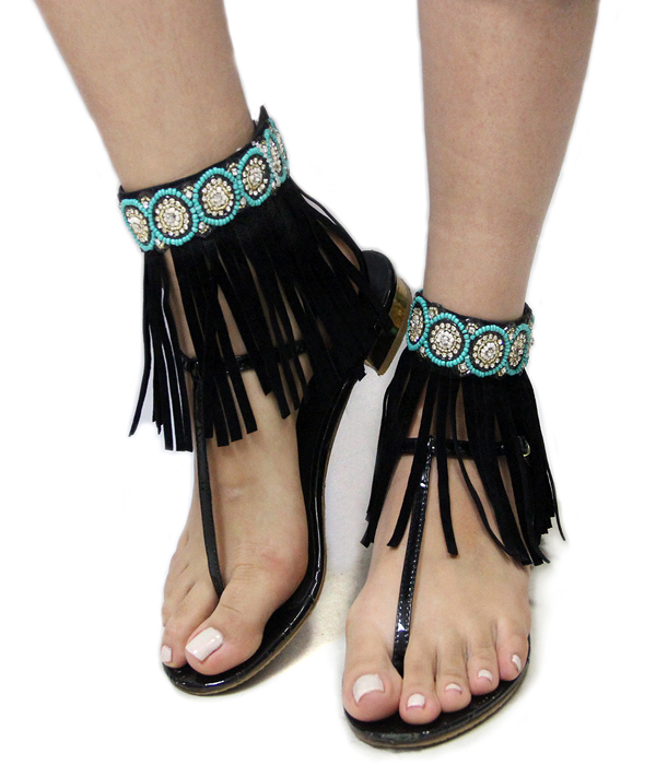 HANDMADE CRYSTAL AND BEAD AND LEATHERETTE TASSEL ANKLET