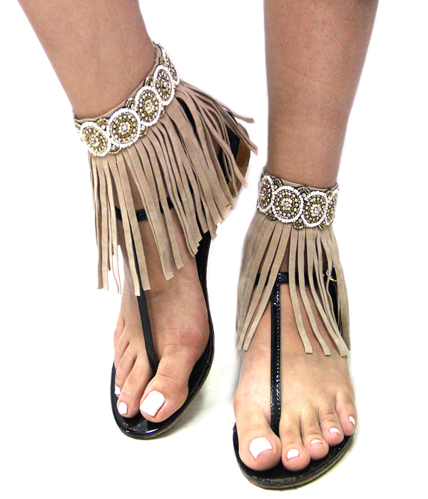 HANDMADE CRYSTAL AND BEAD AND LEATHERETTE TASSEL ANKLET