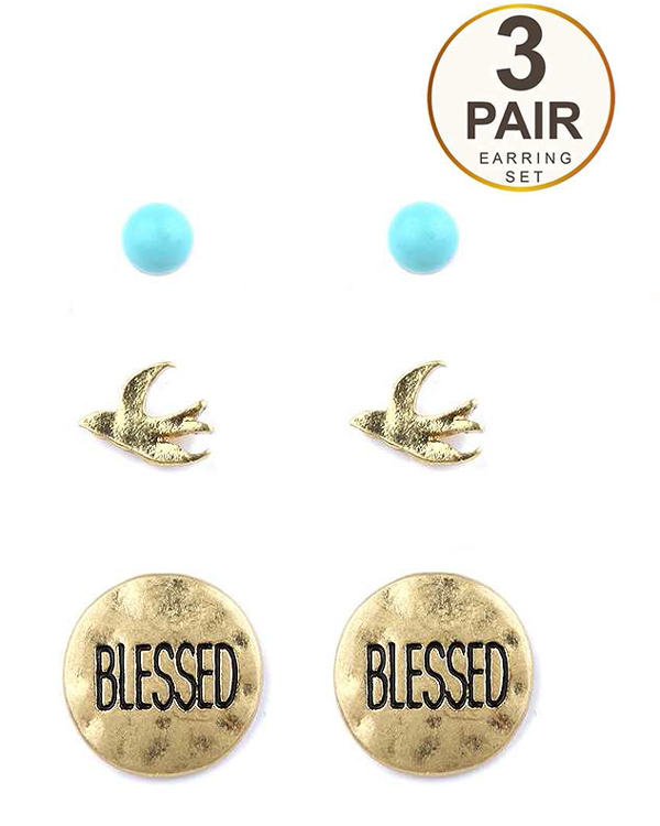 HANDMADE BIRD AND TURQUOISE 3 PAIR EARRING SET - BLESSED