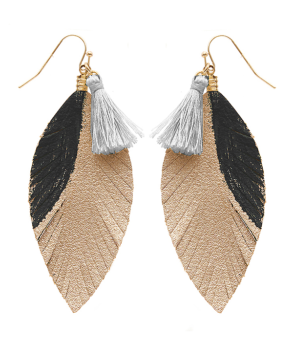 TASSEL AND LEATHER FEATHER EARRING